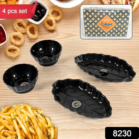 8230 Ertiga Round Ceramic Bowl With Plastic Leaf Shape Serving Platter Portable Lightweight Breakfast Serving Bowl Highly Durable Material Ideal For Rice Pasta Desserts Home Kitchen Serving Bowl Platter (4 Pcs Set)