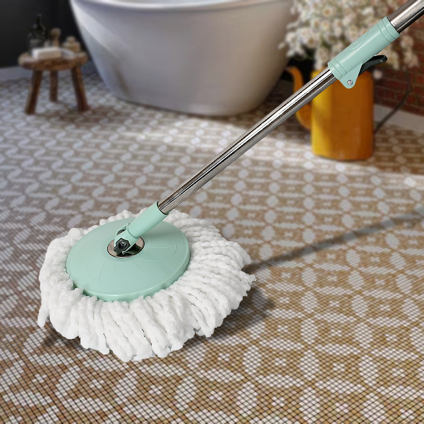 8084 Ganesh Quick Spin Mop Steel Spin Bucket Floor Cleaning Easy Wheels Big Bucket Floor Cleaning Mop With Bucket 2 Micro Fiber Head Refill