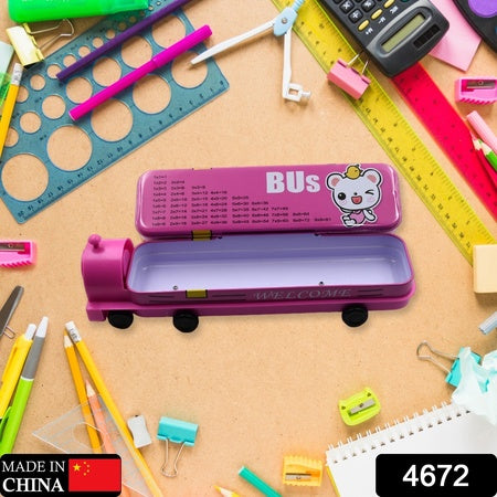 4672 Double Decker Magic Bus Compass 2 Layer Metal Bus Compass Pencil Case With Movable Wheels Sharpener Bus Shape With Tiers Metal Pencil Box For Kids Birthday Party