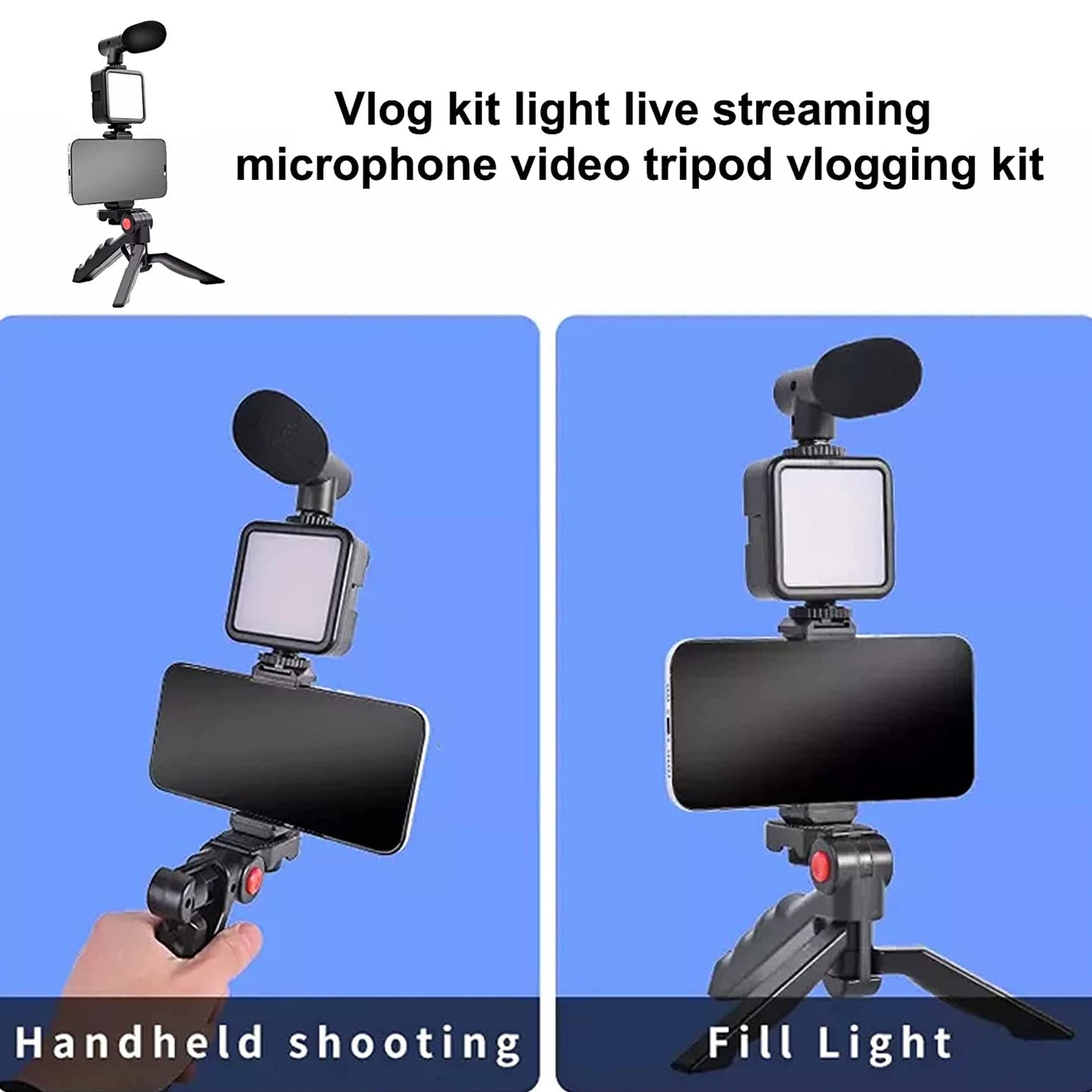 6054 Vlogging Kit For Video Making With Mic Mini Tripod Stand Led Light Phone Holder Clip For Making Videos