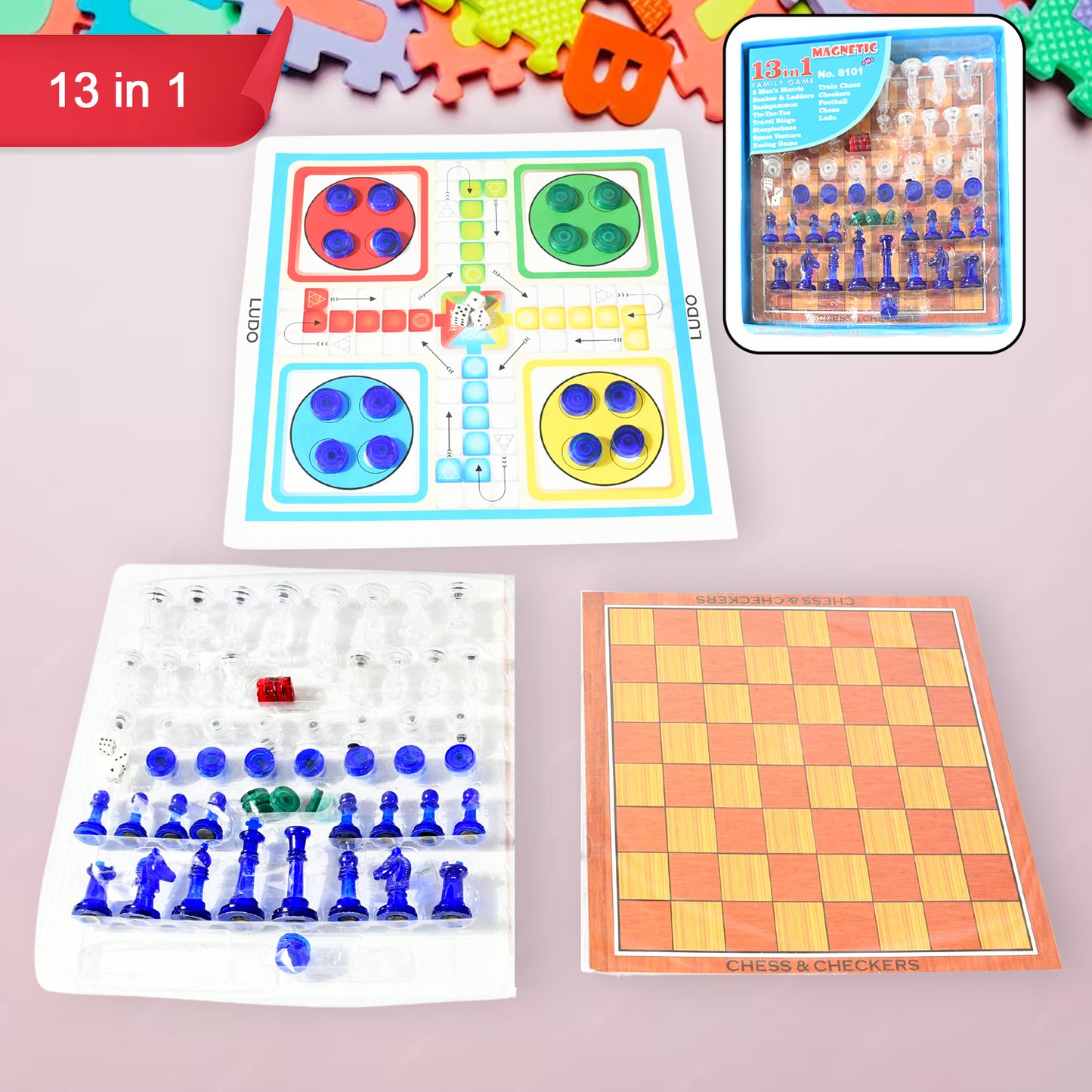 17669 13 In 1 Family Board Game Chess Snakes Ladders Ludo Tic-tac-toe Checkers Travel Bingo Football Space Venture Steeplechase Set For Kids