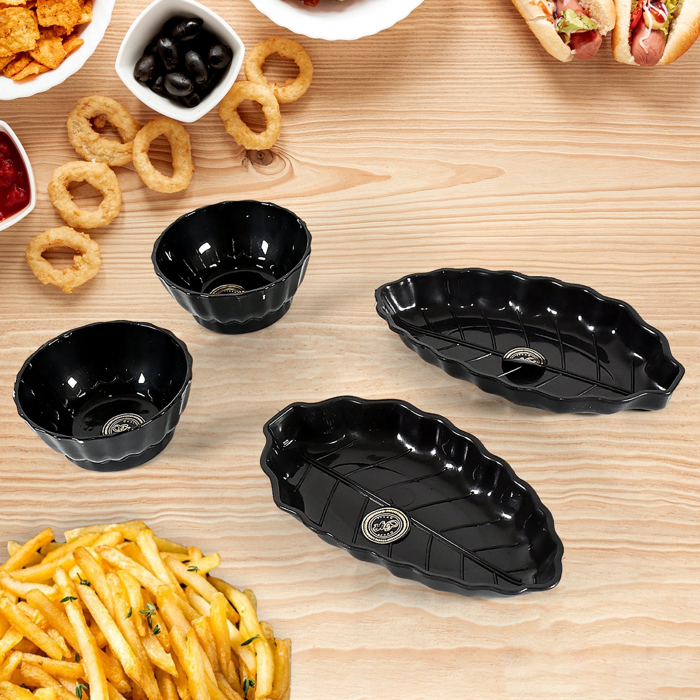8230 Ertiga Round Ceramic Bowl With Plastic Leaf Shape Serving Platter Portable Lightweight Breakfast Serving Bowl Highly Durable Material Ideal For Rice Pasta Desserts Home Kitchen Serving Bowl Platter (4 Pcs Set)