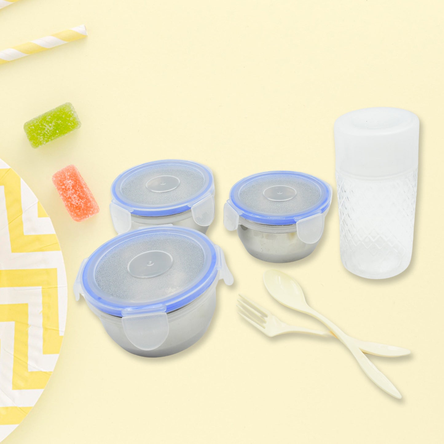 5773 6in1 Tiffin Box-lunch Box 3 Stainless Steel Containers Plastic Lid Box Spoon Fork Plastic Bottle Insulated Fabric Bag Leak Proof Microwave Safe For Office College And School For Men Women (6 Pcs)