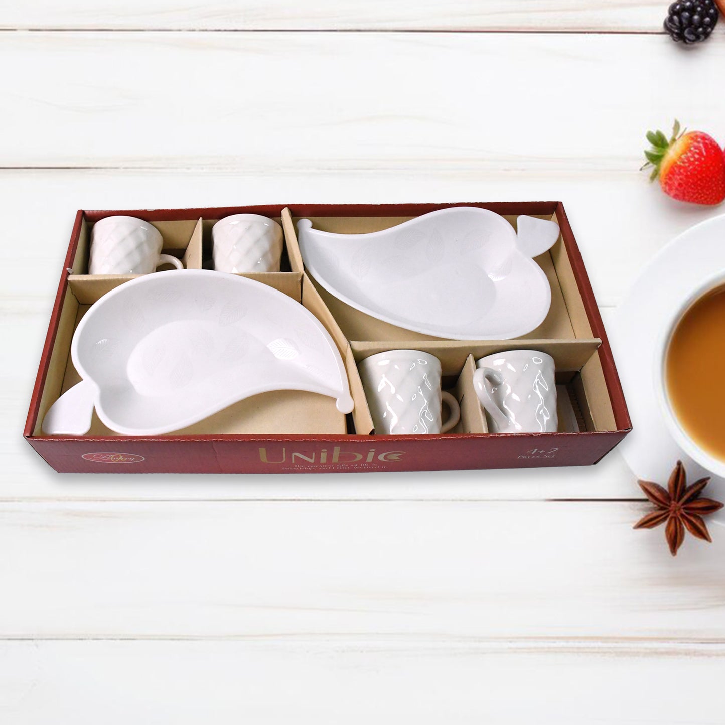 Unibic Ceramic Tea Cups With Plastic Leaf Shape Tray Platter (6 Pcs Set)