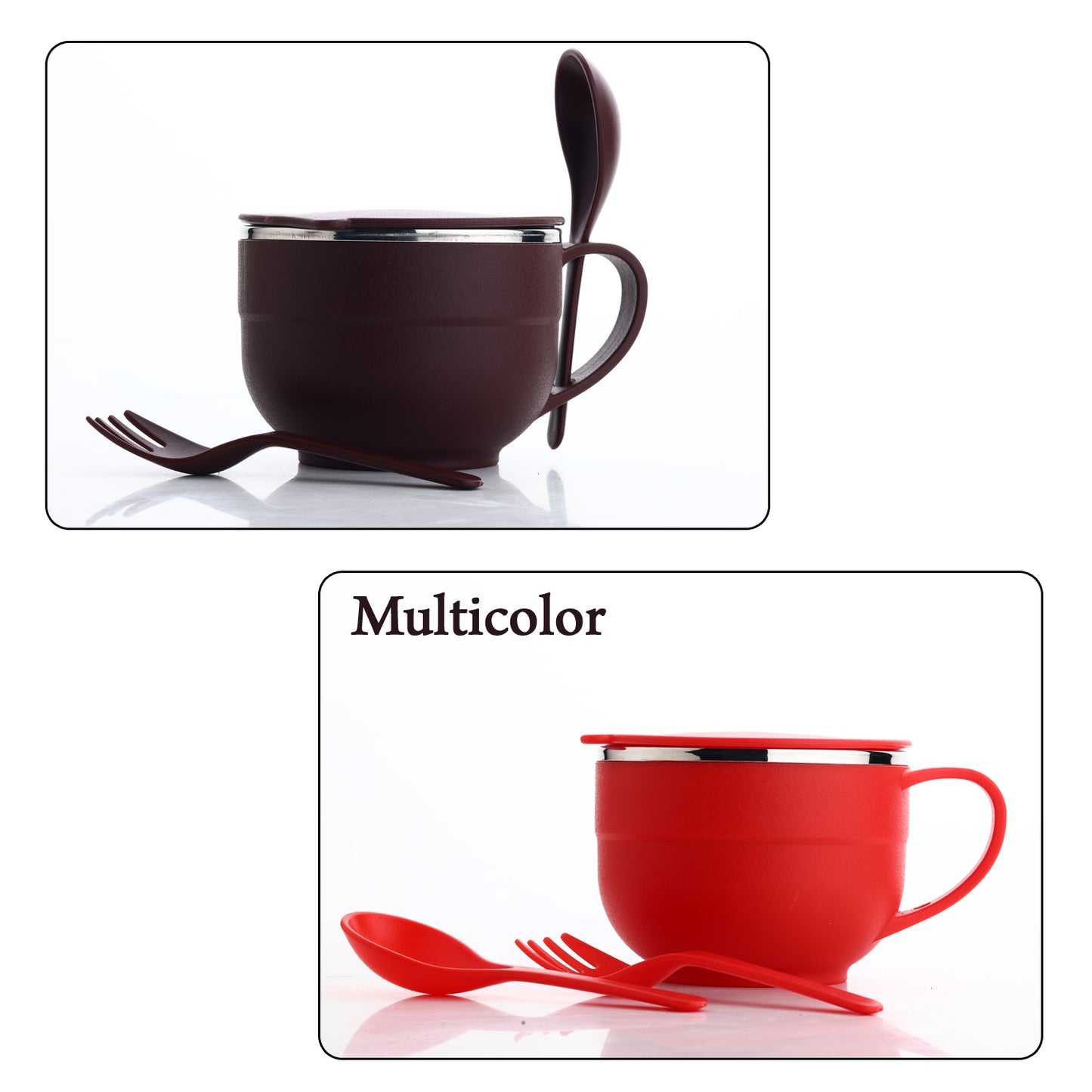 8130 Noodles Soup Bowl With Spoon And Fork Handle Spoon Holder Stainless Steel Bowl And Spoon Set Stainless Steel Storage