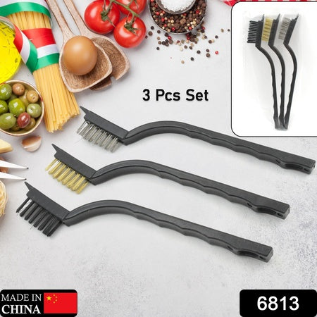 6813 Mini Wire Brush Set Brass Nylon Stainless Steel Bristles Household Cleaning Brush For Gas Stove Smoke Machine Tool Burner Tiles Tap Rust Removal Welding Slag Dirt Paint Scrubbing (3 Pcs Set)