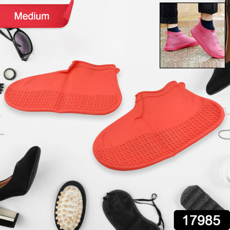 17985 Non-slip Silicone Rain Reusable Anti Skid Waterproof Fordable Boot Shoe Cover (Medium Size 1 Pair Red)