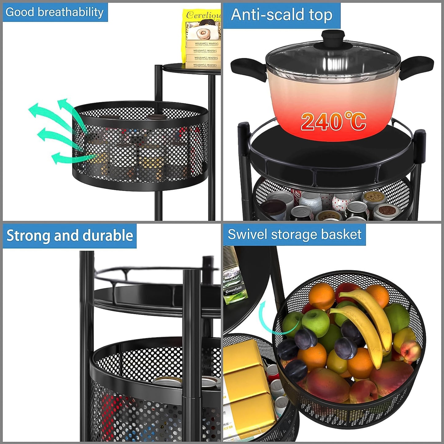 Metal Round High Quality Kitchen Trolley With Wheels (3 Layer 1 Pc)