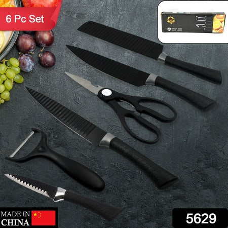 5629 6 Pieces Professional Kitchen Knife Set Meat Knife Chefs Knife With Non-slip Handle For Home Kitchen And Restaurant With Chef Peeler And Scissor (Stainless Steel 6 Pcs Set)