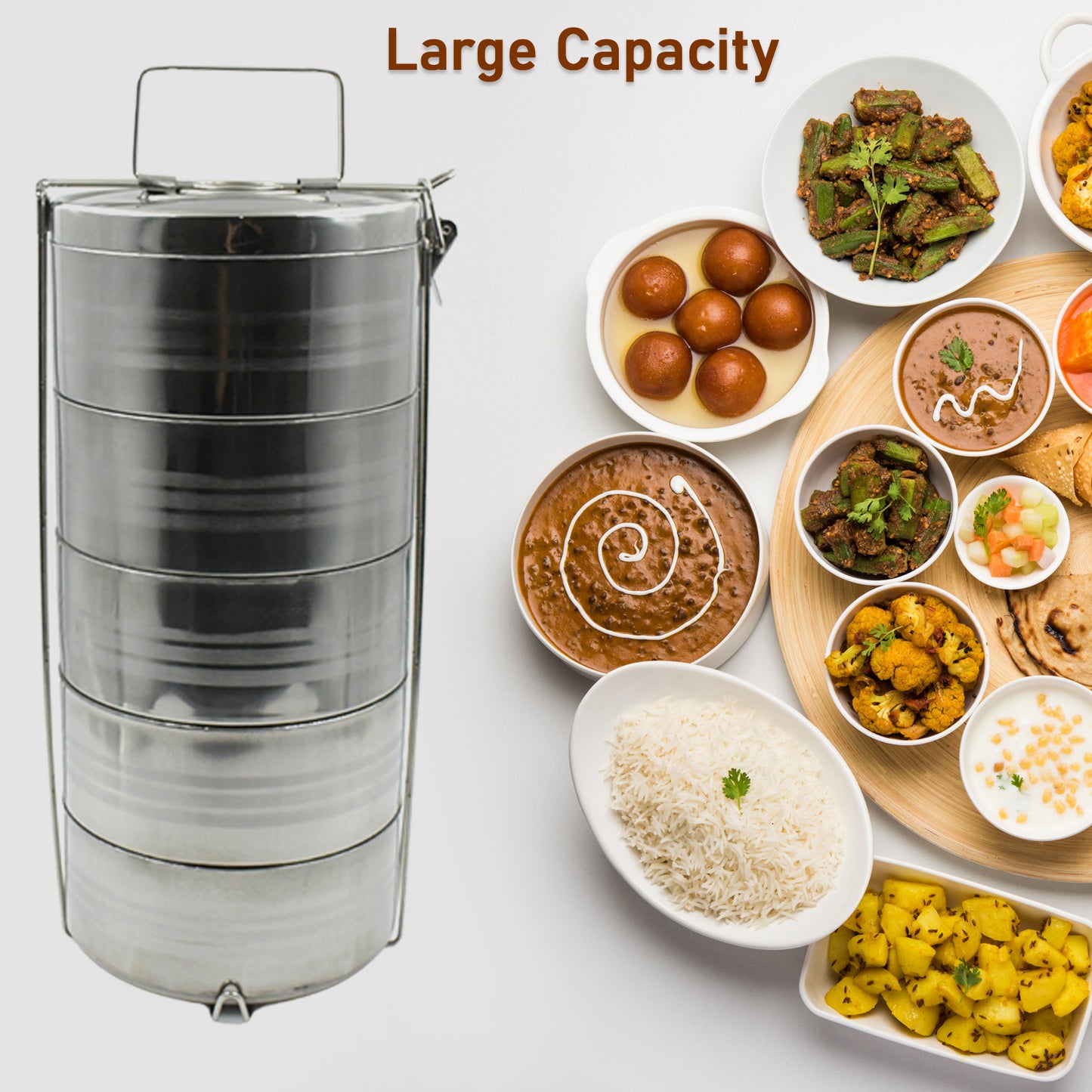 5799 Big Size 5 Compartment Lunch Box Stainless Steel Round Tiffin Traditional Tiffin Box For Kids College Office Men And Women Meal Holder With Locking Clip 5 Containers (16x5 Inch)