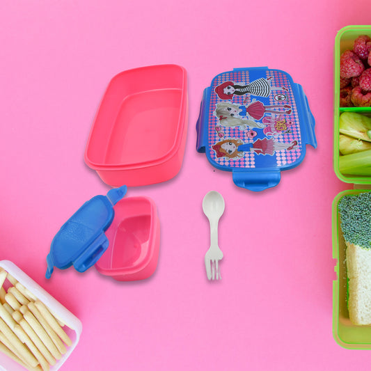 5983 Cartoon Printed Plastic Lunch Box With Inside Small Box  Spoon For Kids Air Tight Lunch Tiffin Box For Girls Boys Food Container Specially Designed For School Going Boys And Girls
