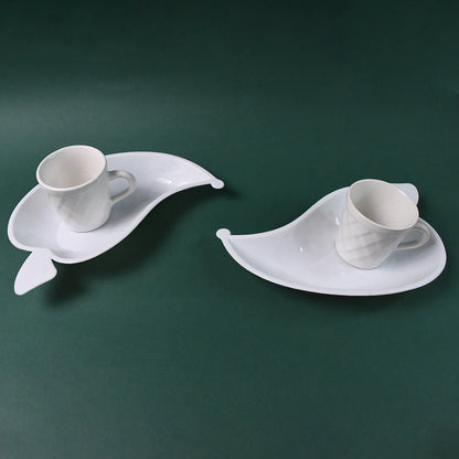 Unibic Ceramic Tea Cups With Plastic Leaf Shape Tray  Platter (6 Pcs Set)