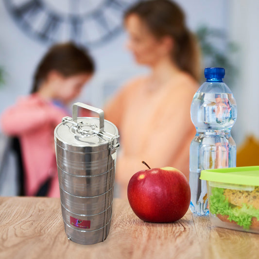 5799 Big Size 5 Compartment Lunch Box Stainless Steel Round Tiffin Traditional Tiffin Box For Kids College Office Men And Women Meal Holder With Locking Clip 5 Containers (16x5 Inch)