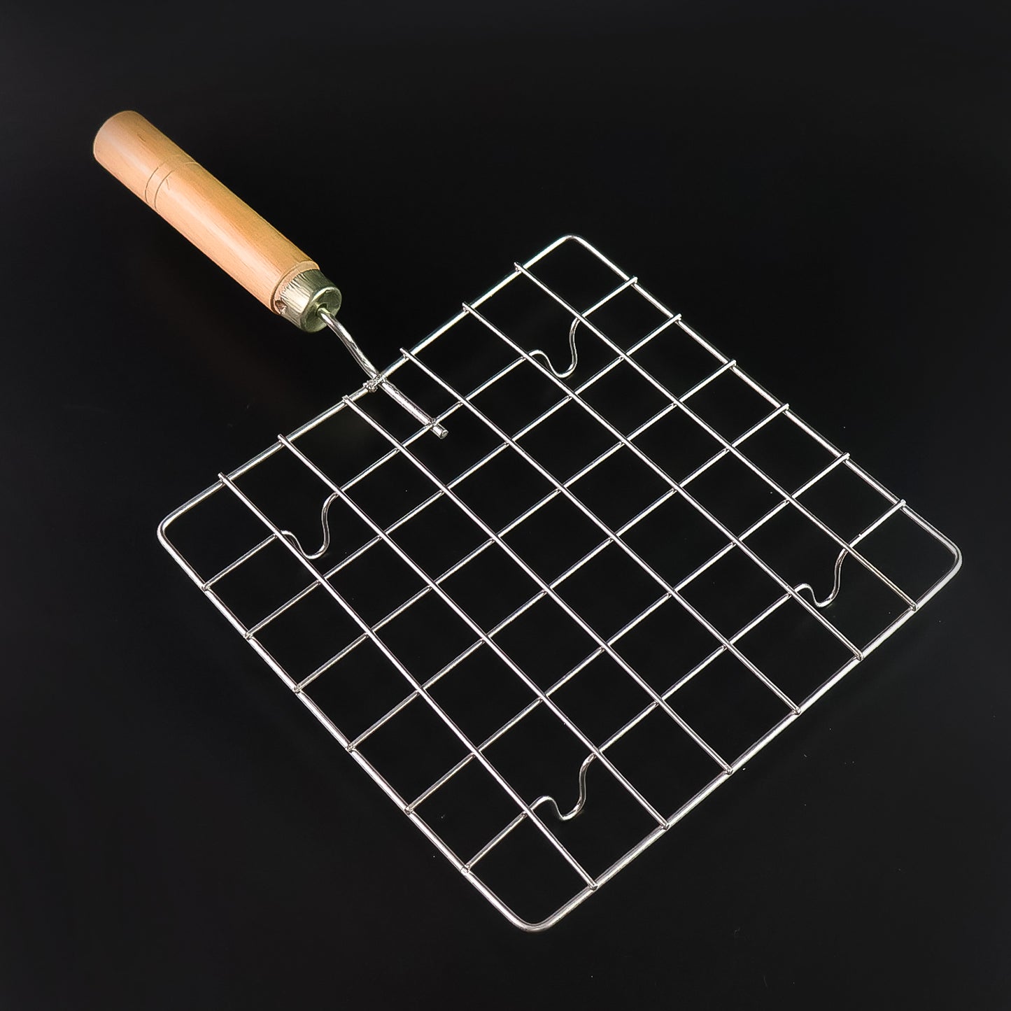 Stainless Steel Square Papad Jali Barbecue Grill Rack With Wooden Handle (1 Pc)