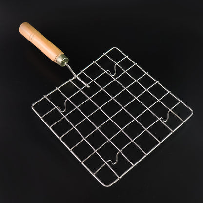 Stainless Steel Square Papad Jali Barbecue Grill Rack With Wooden Handle (1 Pc)