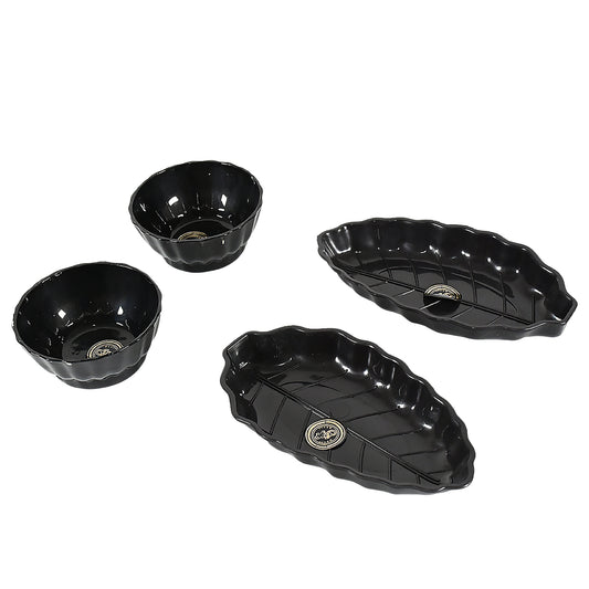 8230 Ertiga Round Ceramic Bowl With Plastic Leaf Shape Serving Platter Portable Lightweight Breakfast Serving Bowl  Highly Durable Material  Ideal For Rice Pasta Desserts Home  Kitchen Serving Bowl  Platter (4 Pcs Set)