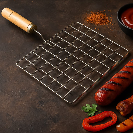 Stainless Steel Square Papad Jali Barbecue Grill Rack With Wooden Handle (1 Pc)