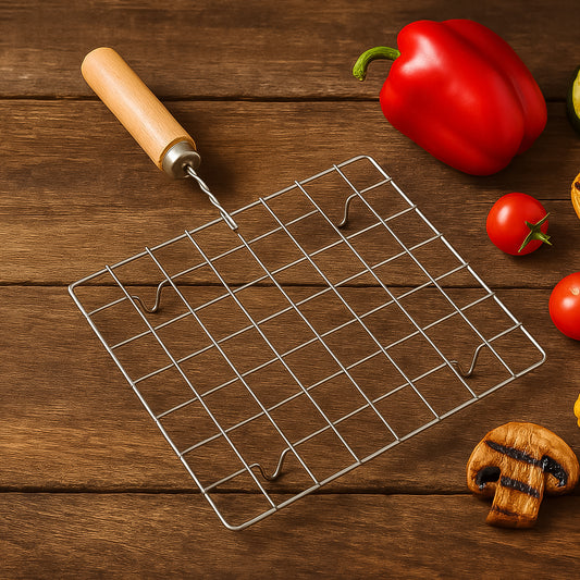 Stainless Steel Square Papad Jali Barbecue Grill Rack With Wooden Handle (1 Pc)