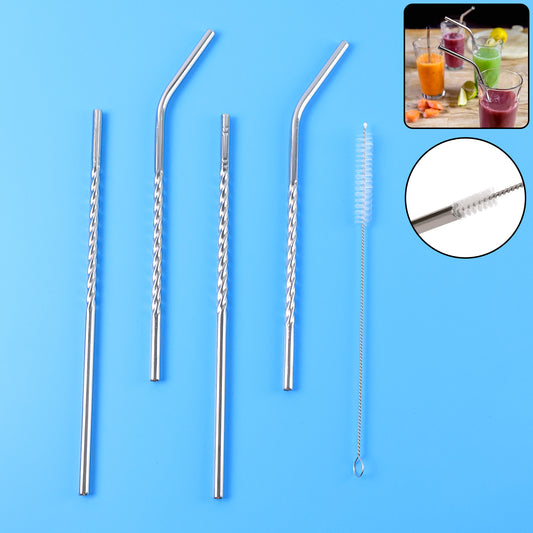 579 Set Of 4 Stainless Steel Straws  Brush (2 Straight Straws 2 Bent Straws 1 Brush)