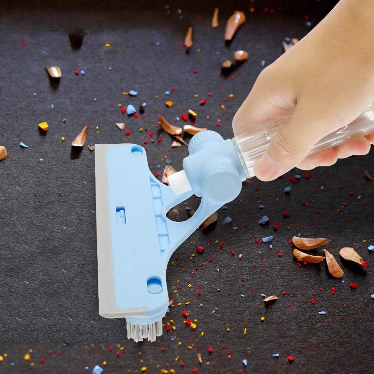 4167 4 In 1 Multifunctional Glass Scraper Window Glass Wiper With Watering Can Silicon Cleaning Squeegee With Two Brush Heads Practical Squeegee For Shower Doors Windows Tiles And Car Glass