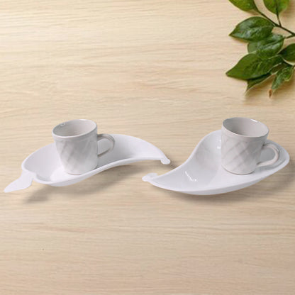 Unibic Ceramic Tea Cups With Plastic Leaf Shape Tray  Platter (6 Pcs Set)