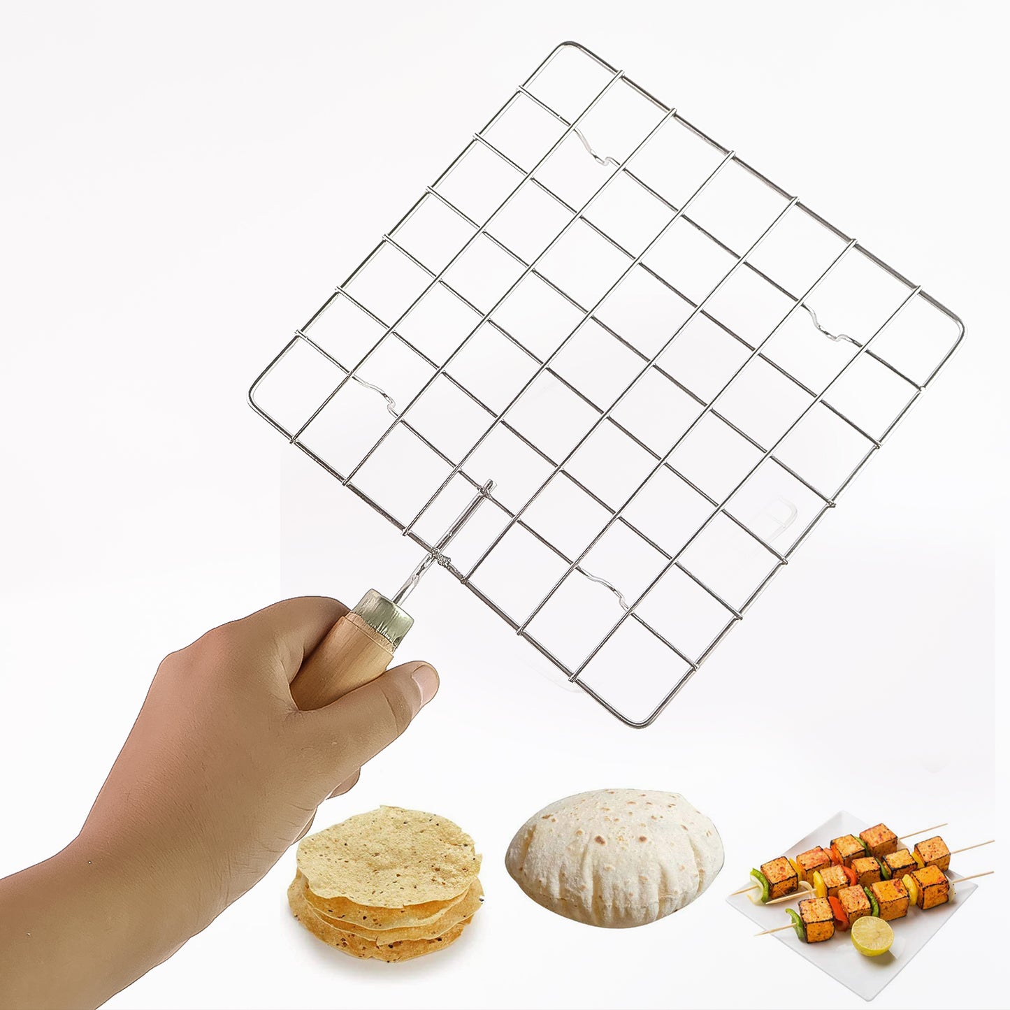 Stainless Steel Square Papad Jali Barbecue Grill Rack With Wooden Handle (1 Pc)