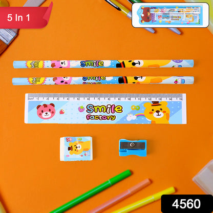4560 Wooden Pencil Set Stationary Set 5 In 1 Items Educational Item For School Going Kids Stationary Set For Girls Boysstationary For Schoolgift Pack For Girls Kidsbirthday Gift Kids (5 Pc Set