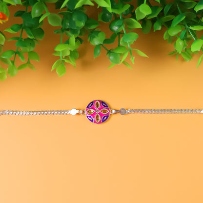 1 Pc Rakhi With Silver Finish Chain  Designer Bracelet Rakhi