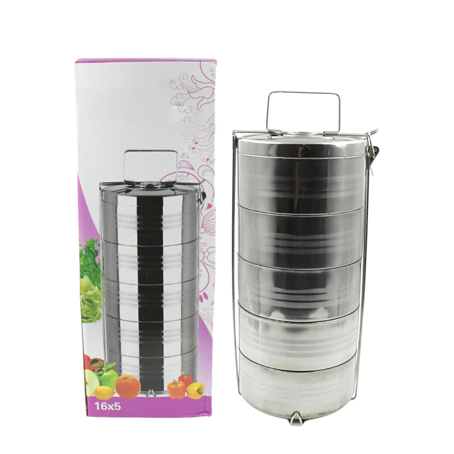 5799 Big Size 5 Compartment Lunch Box Stainless Steel Round Tiffin Traditional Tiffin Box For Kids College Office Men And Women Meal Holder With Locking Clip 5 Containers (16x5 Inch)