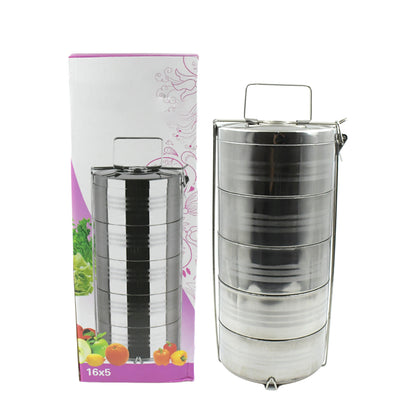 5799 Big Size 5 Compartment Lunch Box Stainless Steel Round Tiffin Traditional Tiffin Box For Kids College Office Men And Women Meal Holder With Locking Clip 5 Containers (16x5 Inch)
