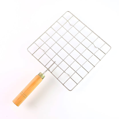 Stainless Steel Square Papad Jali Barbecue Grill Rack With Wooden Handle (1 Pc)