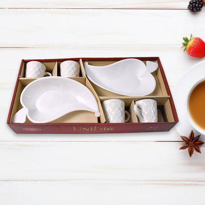 Unibic Ceramic Tea Cups With Plastic Leaf Shape Tray  Platter (6 Pcs Set)