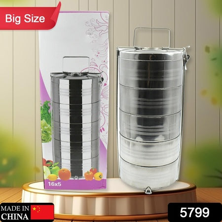 5799 Big Size 5 Compartment Lunch Box Stainless Steel Round Tiffin Traditional Tiffin Box For Kids College Office Men And Women Meal Holder With Locking Clip 5 Containers (16x5 Inch)