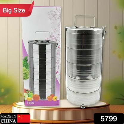 5799 Big Size 5 Compartment Lunch Box Stainless Steel Round Tiffin Traditional Tiffin Box For Kids College Office Men And Women Meal Holder With Locking Clip 5 Containers (16x5 Inch)